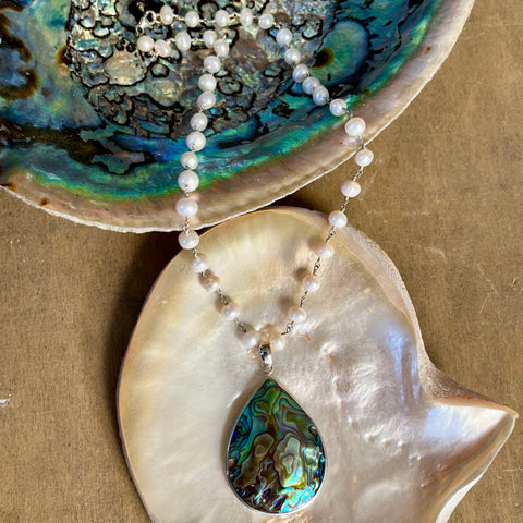 MOP Abalone Duo Pendant Pearl Necklace