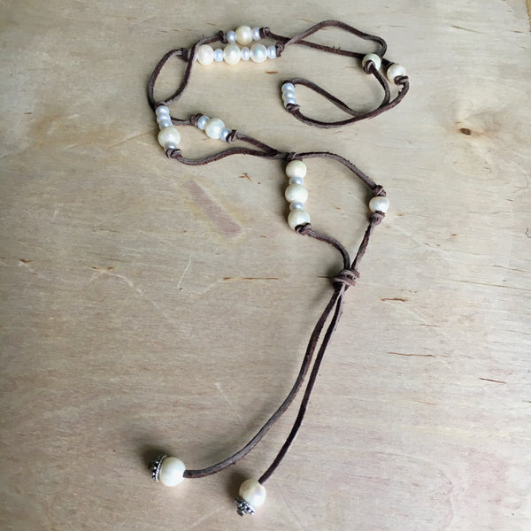 Leather and pearl lariat 2025 necklace