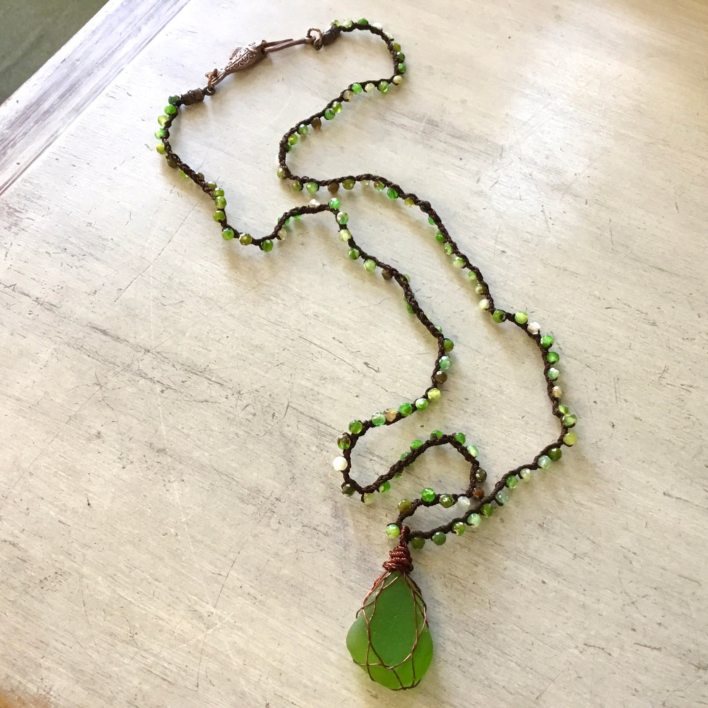 Sea Glass Pendant Fish Hook Necklace