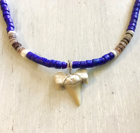 Blue Coconut Bead Shark Tooth Necklace