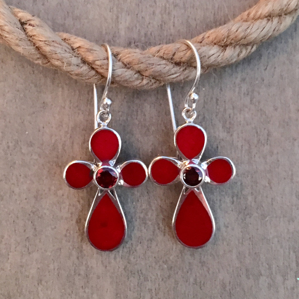 Red Coral Cross Earrings
