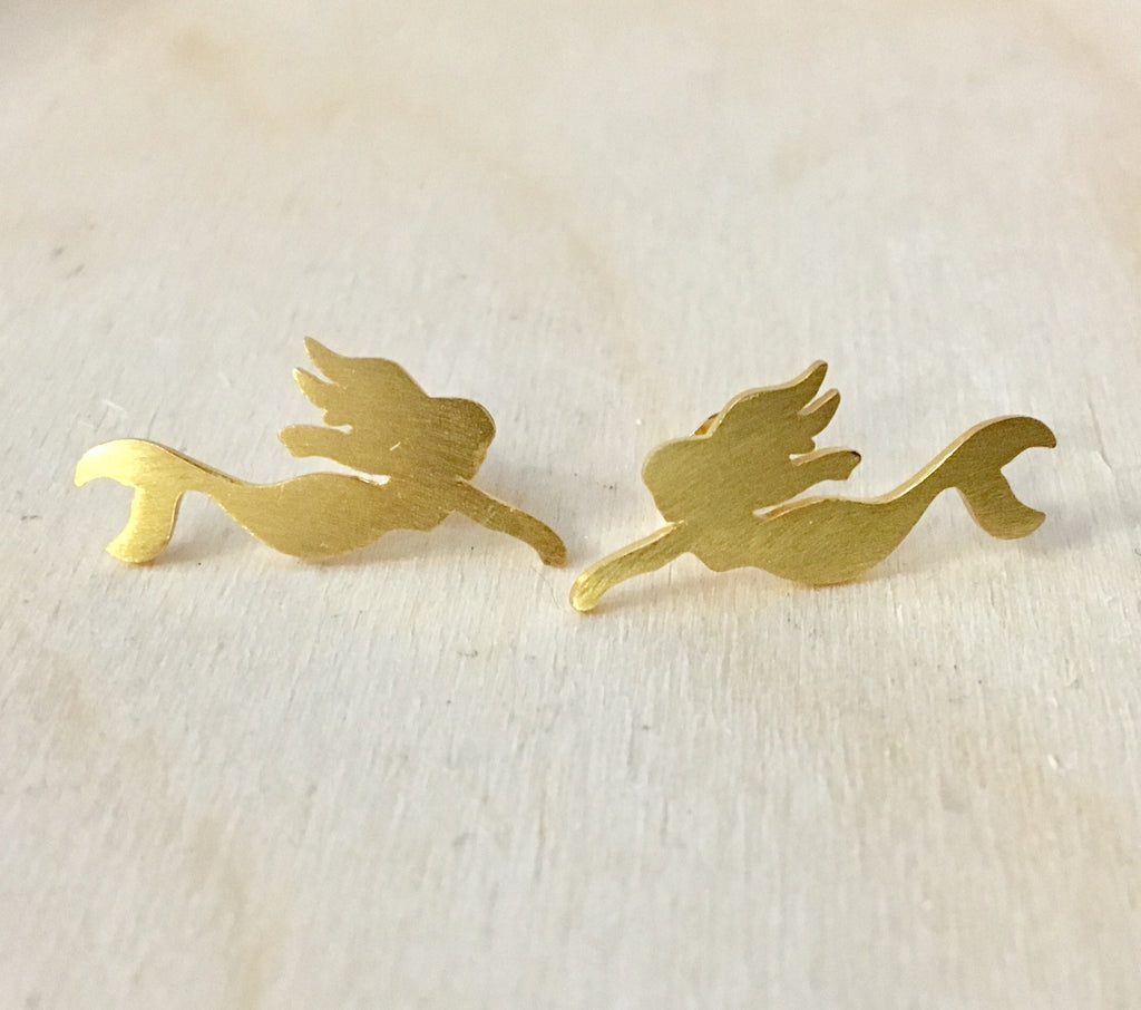 Swimming Mermaid Brass Earring Studs
