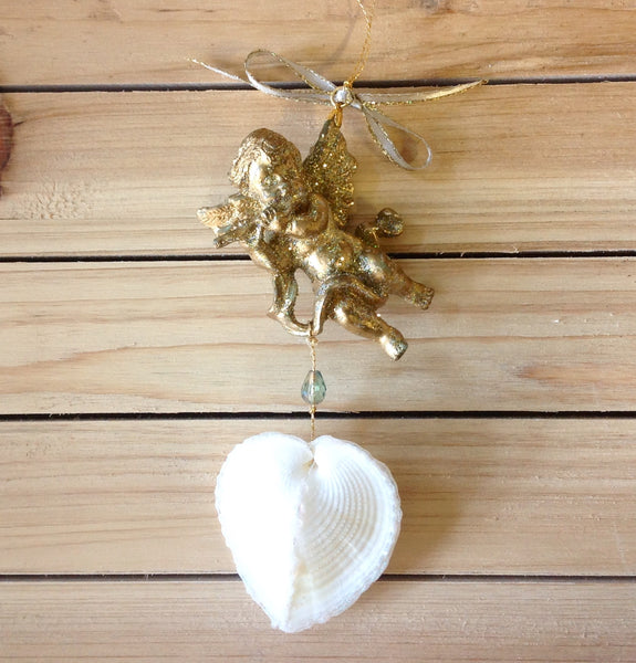 SeaShell Wooden Heart with Wings Ornament (Choose Color)