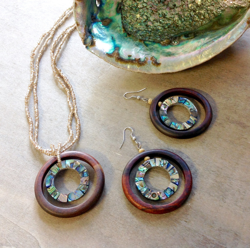 Mosaic Abalone Wood Jewelry Earrings and Necklace