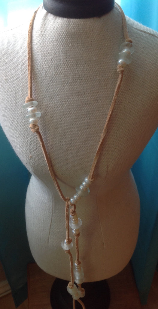 Seaglass & Pearls Leather Lariat