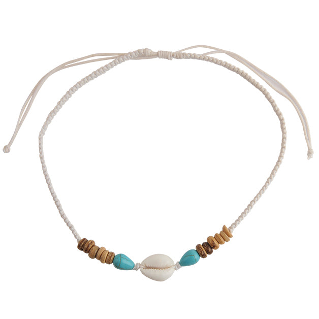 Cowrie Wood Bead Macrame Necklace