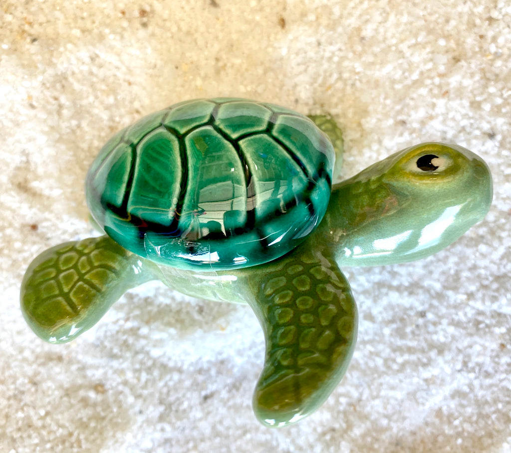 Raku Pottery Green Turtle Box