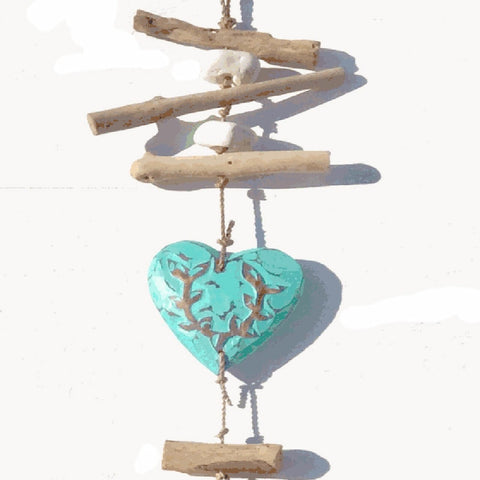 Aqua Driftwood Heart Mobile