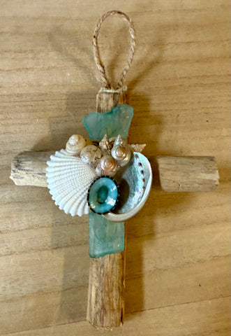Fancy Seaglass & Seashell Cross Ornament