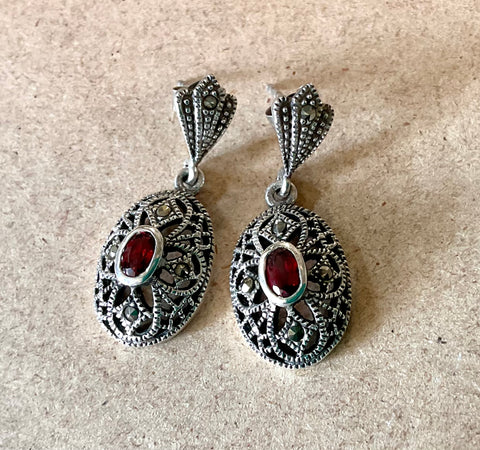 Vintage Style Marcasite Garnet Earrings