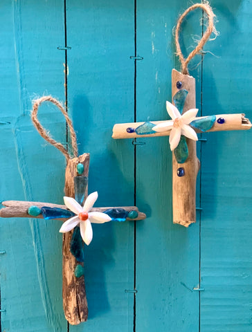 Tropical Flower Driftwood Cross Ornament