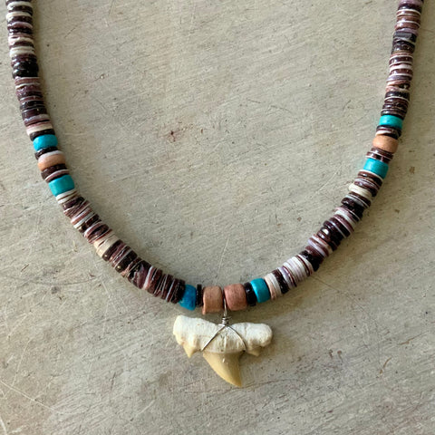 Shark Tooth Teal & Brown Bead Necklace