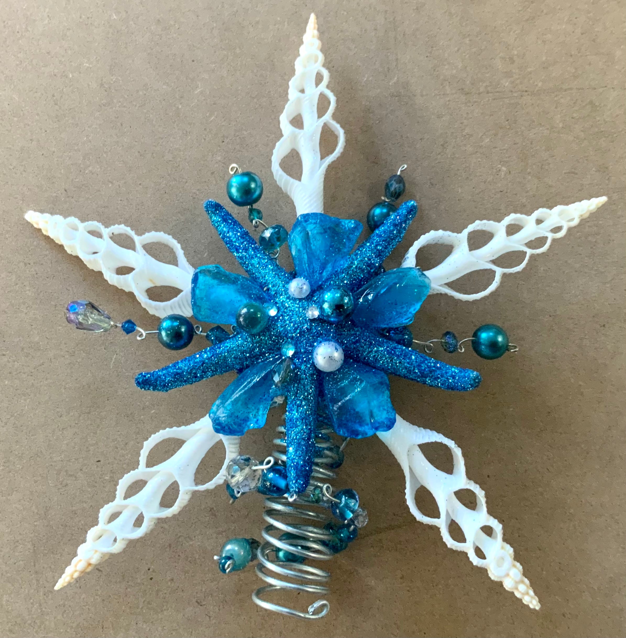Ice Blue Starfish Tree Topper with Crushed Seashells Christmas Tree Topper  - Sea 2 Land Designs