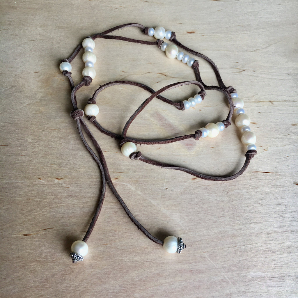 Leather and clearance pearl lariat necklace