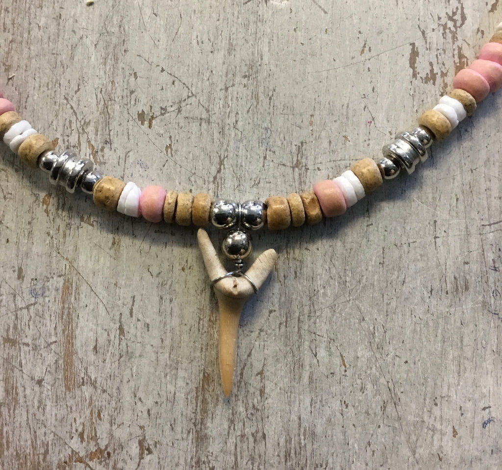 Asymmetrical Beaded Wire Wrapped Shark Tooth Necklace