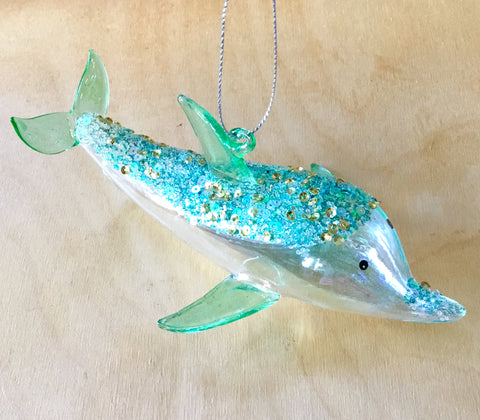 Aqua Shimmer Glass Dolphin Ornament