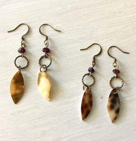 Seashell Leaf Garnet Earrings