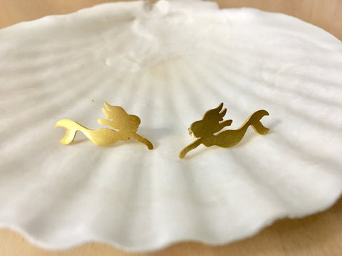Swimming Mermaid Brass Earring Studs