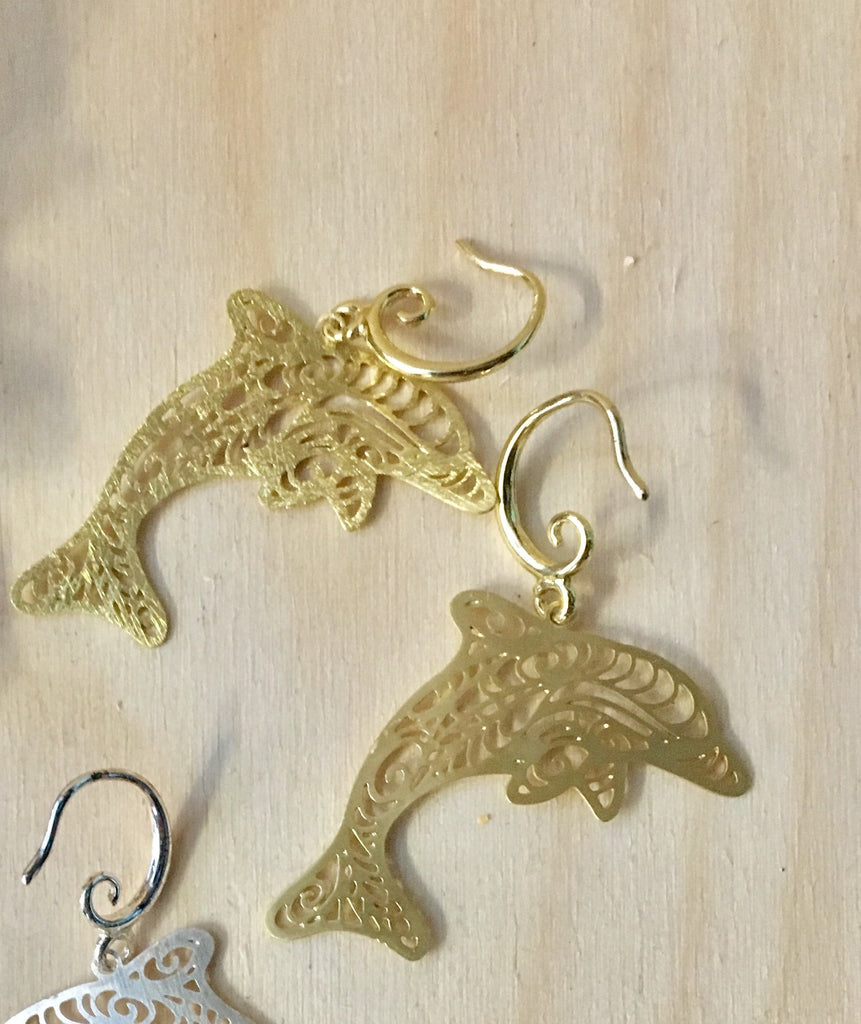 Silhouette Dolphin Brass Earrings