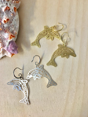 Silhouette Dolphin Brass Earrings