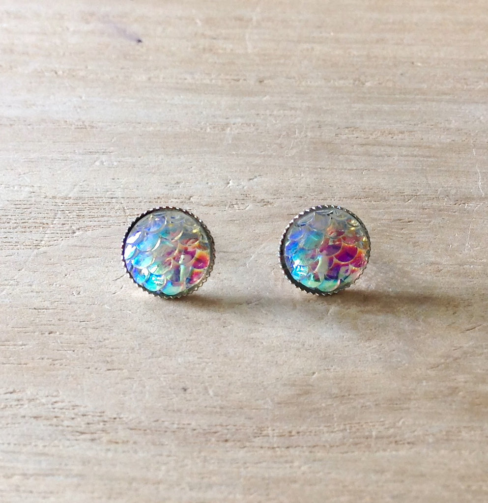 12mm Mermaid Scale Earrings - Pink Pierced Earring Studs - Dream