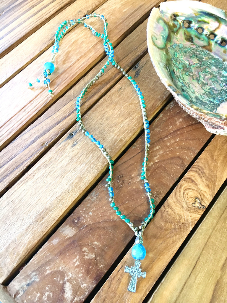 Aqua Sea Glass Cross Necklace