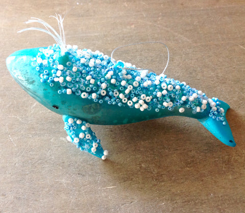 Beaded Blue Whale Glass Ornament