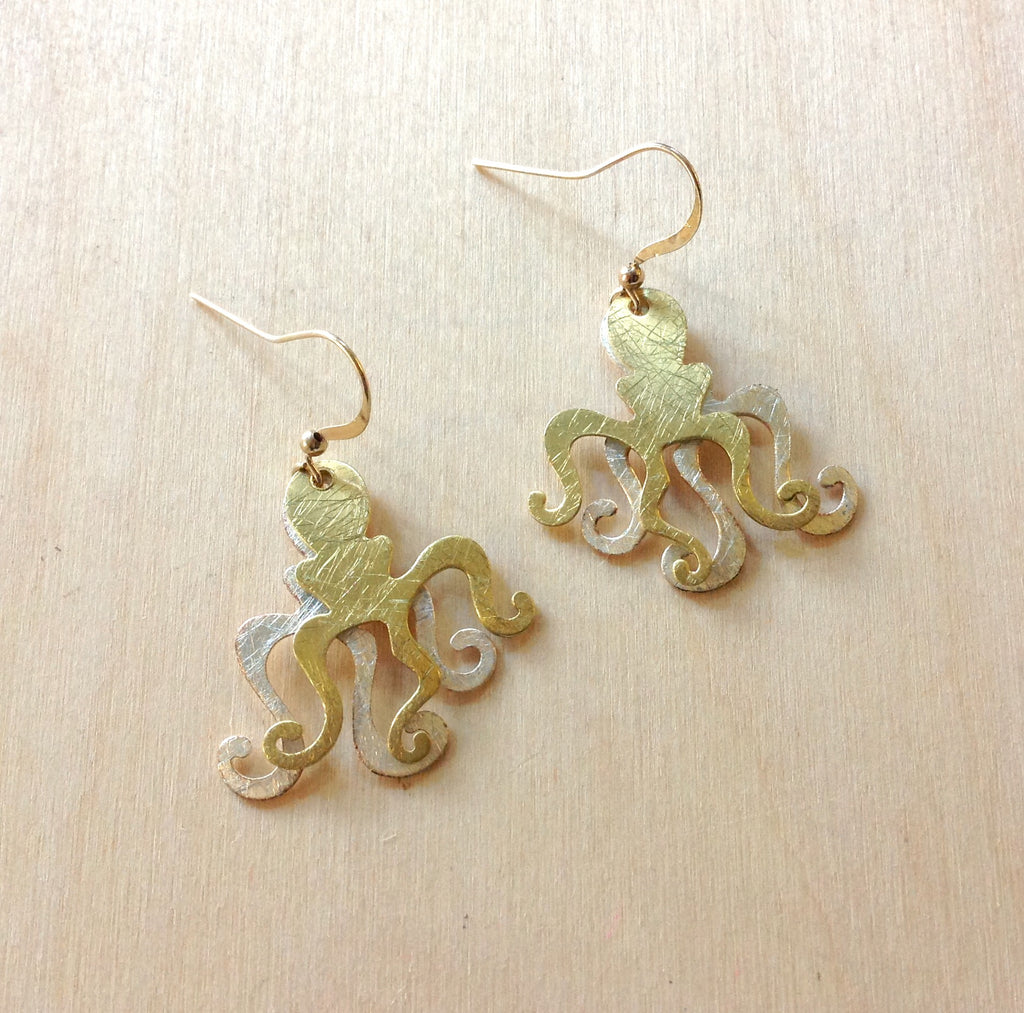 Double Octopus Brass Earrings
