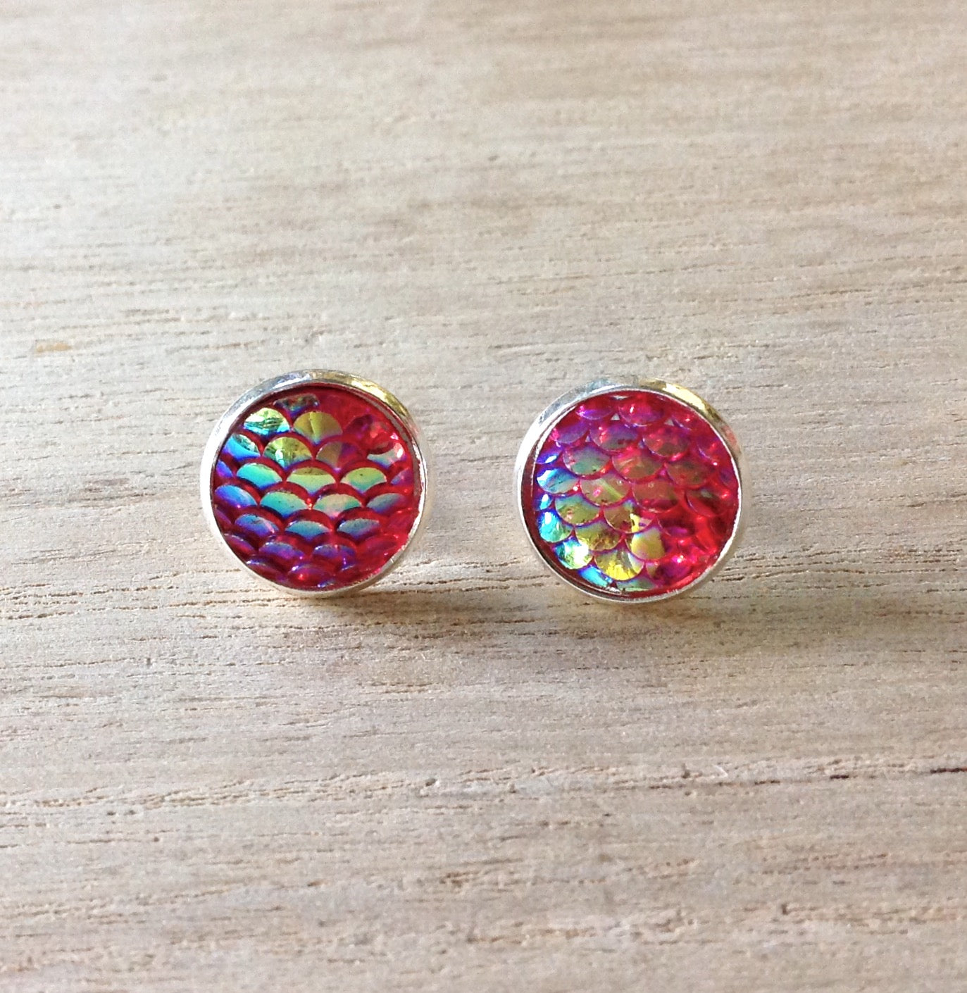 12mm Mermaid Scale Earrings - Pink Pierced Earring Studs - Dream