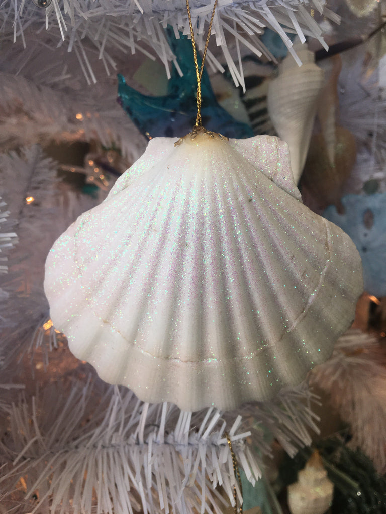 Small White Tibia Glitter Seashell Ornament - Christmas Tree