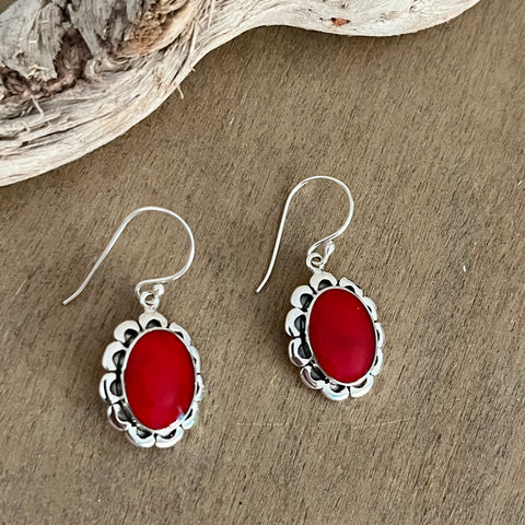 Red Coral Oval flower Earrings