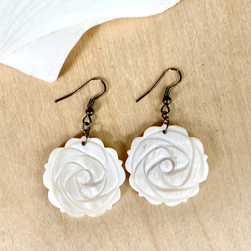 White Cracked Shell Flower Petal Earrings