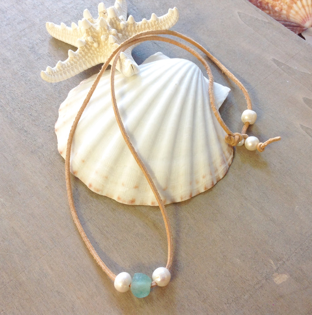 Pearls, Seaglass and Leather Necklace