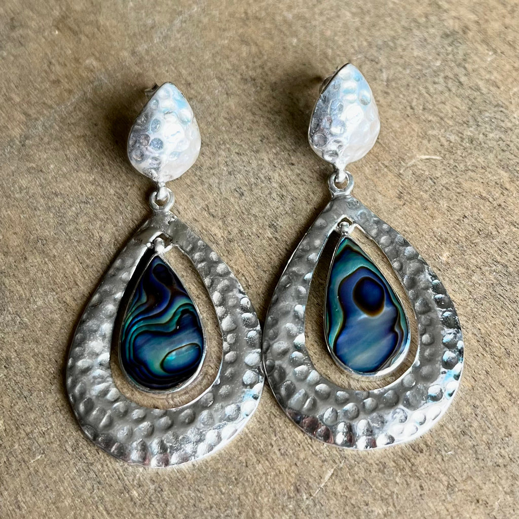 Hammered Silver Abalone Drop Stud Earrings