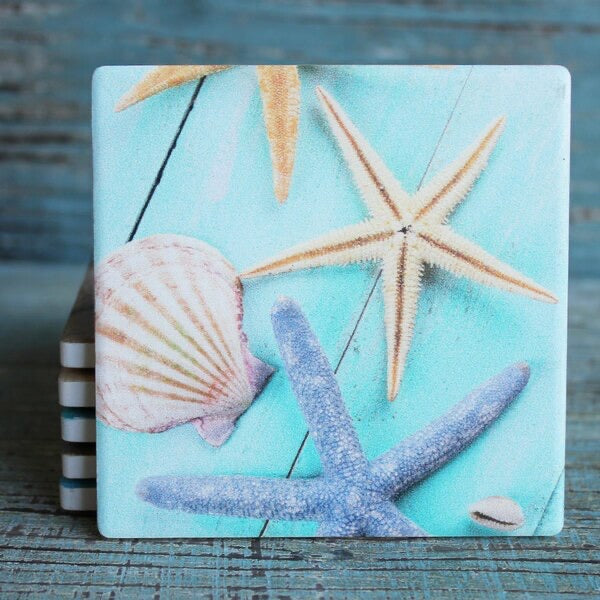 Starfish Shells Blue Coaster