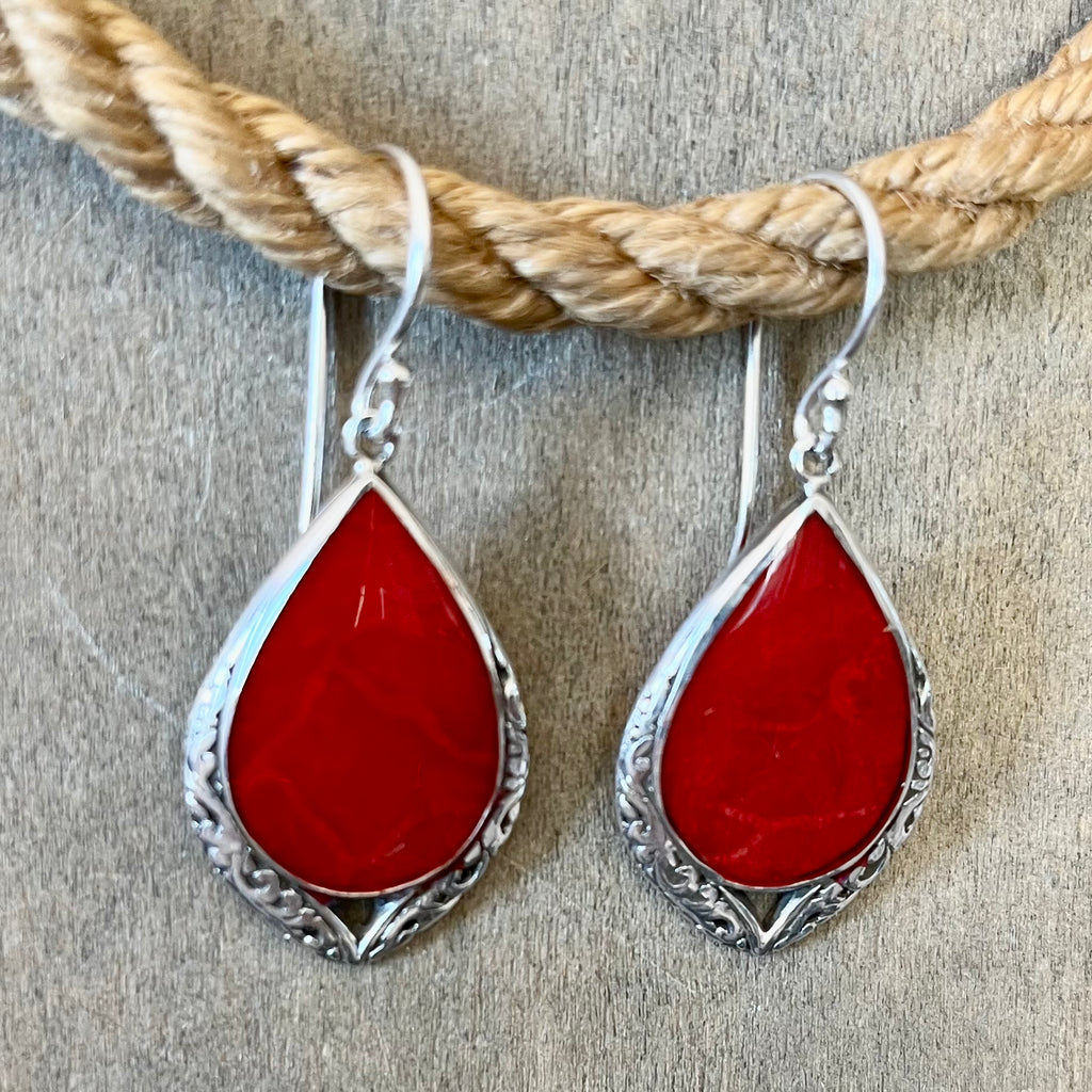 Red Coral Scroll Tear Drop Earrings