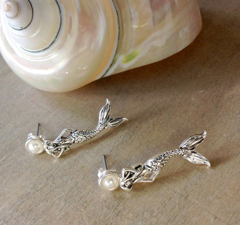 Mermaid Pearl Dangle Stud Earrings