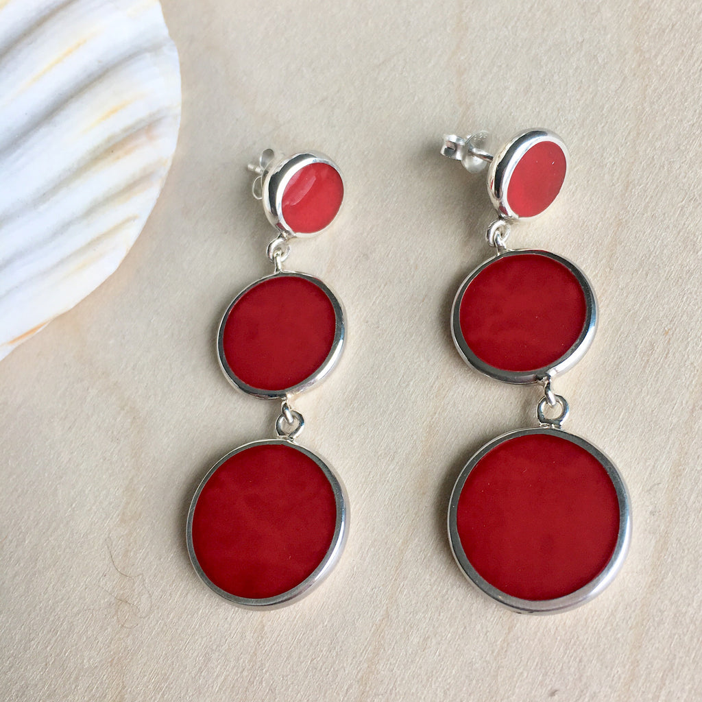 Red Coral Circle Drop Trio Earrings