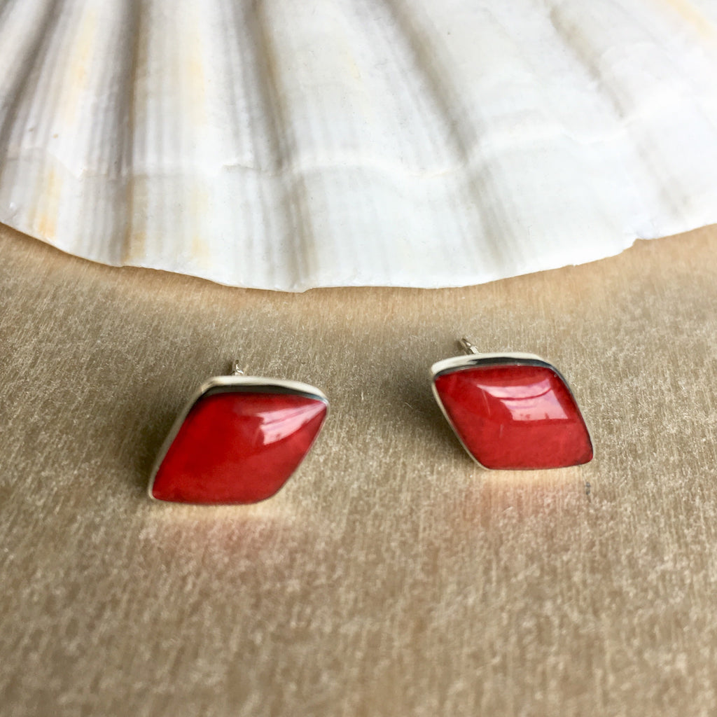 Red Coral Stud Earrings, Sterling Silver 925 - SunnyArmenia